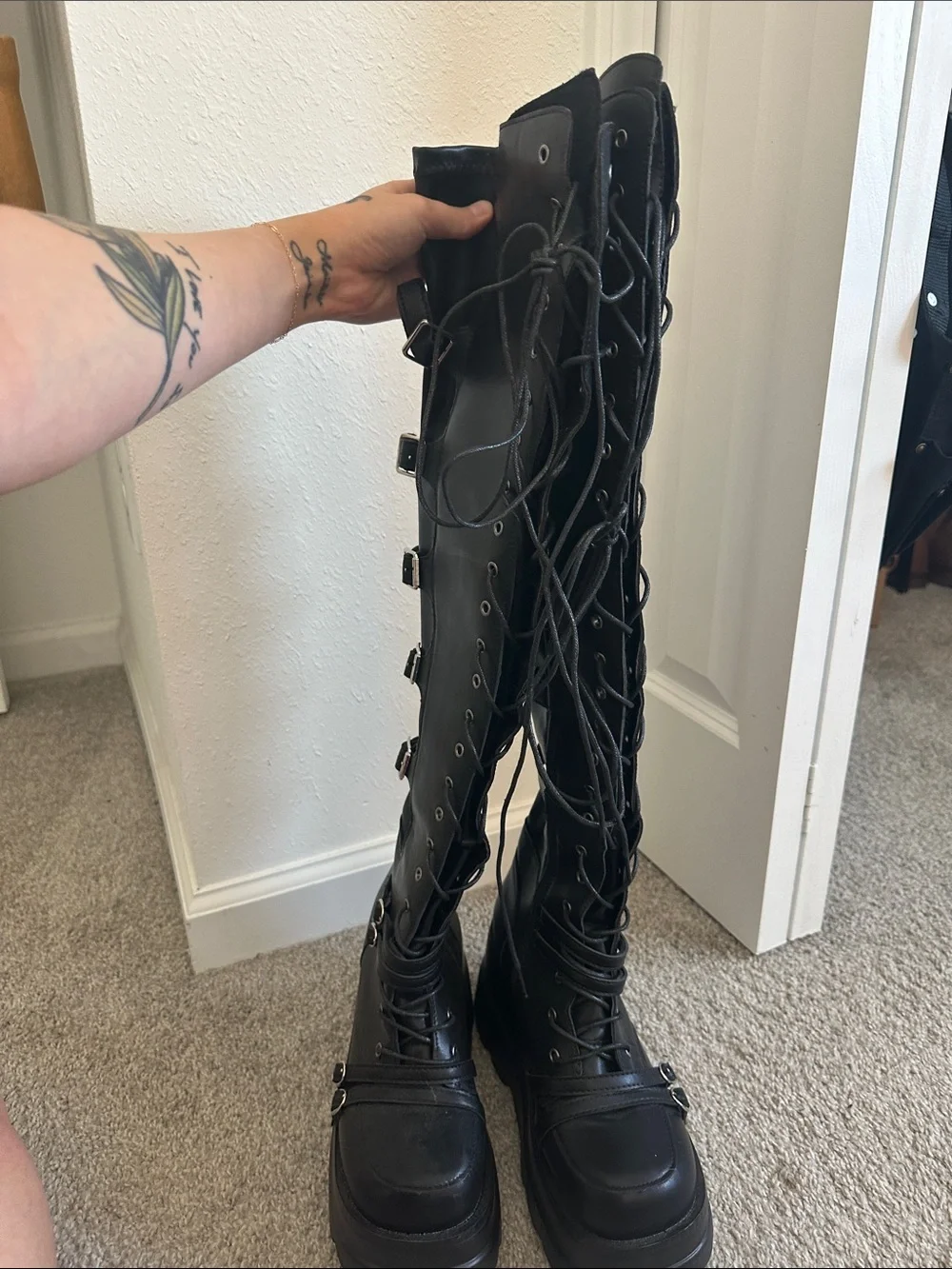 Black Over-the-Knee Lace-Up Platform Boots with Buckles